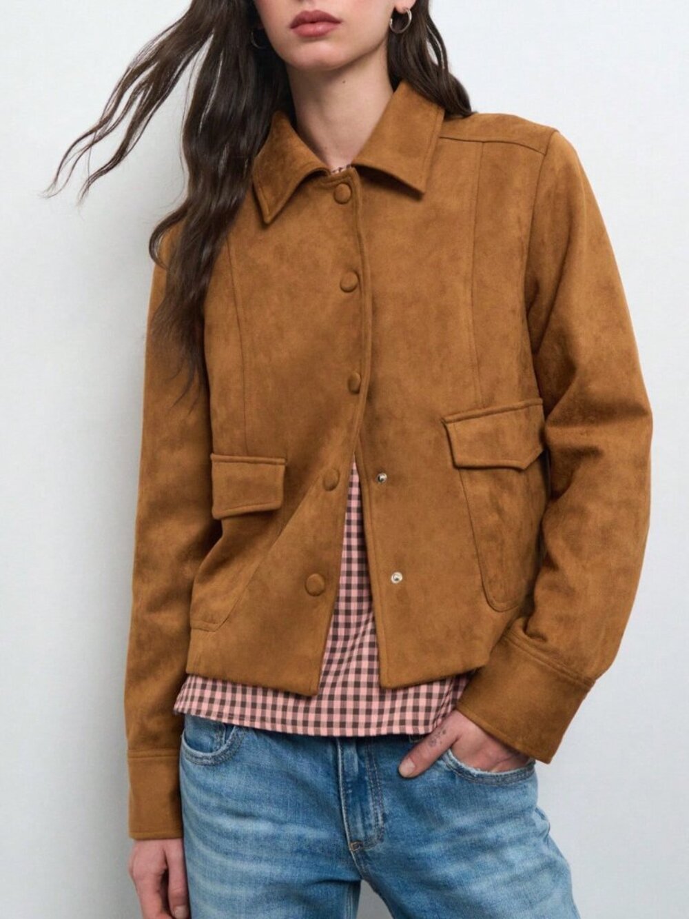 Brown Casual Women's Faux Suede Jacket - Picture 4 of 8